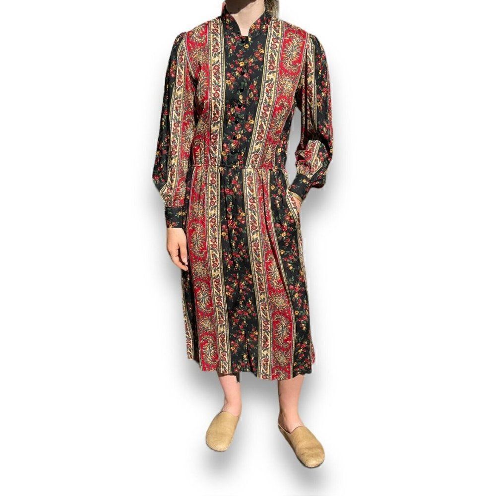 Vintage 1970s Womens Lang Originals Retro Boho Floral Geometric Maxi Dress Sz M